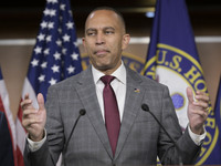 Democratic Leader Hakeem Jeffries (D-NY) speaks about raising the debt ceiling during a news conference in Washington DC, USA, on December 1...