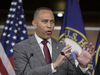 Democratic Leader Hakeem Jeffries (D-NY) speaks about raising the debt ceiling during a news conference in Washington DC, USA, on December 1...