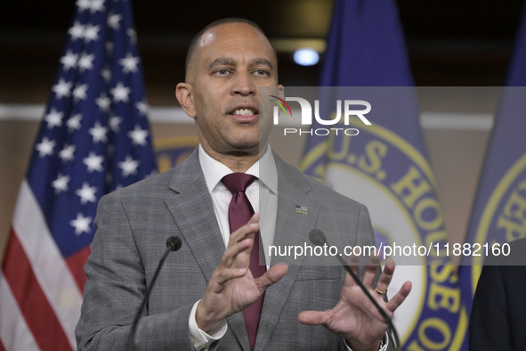 Democratic Leader Hakeem Jeffries (D-NY) speaks about raising the debt ceiling during a news conference in Washington DC, USA, on December 1...