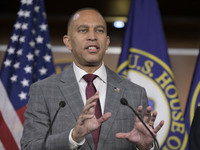 Democratic Leader Hakeem Jeffries (D-NY) speaks about raising the debt ceiling during a news conference in Washington DC, USA, on December 1...