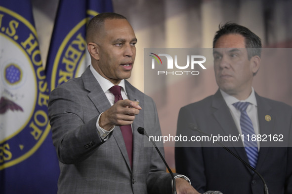 Democratic Leader Hakeem Jeffries (D-NY) speaks about raising the debt ceiling during a news conference in Washington DC, USA, on December 1...