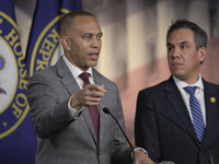 Democratic Leader Hakeem Jeffries (D-NY) speaks about raising the debt ceiling during a news conference in Washington DC, USA, on December 1...