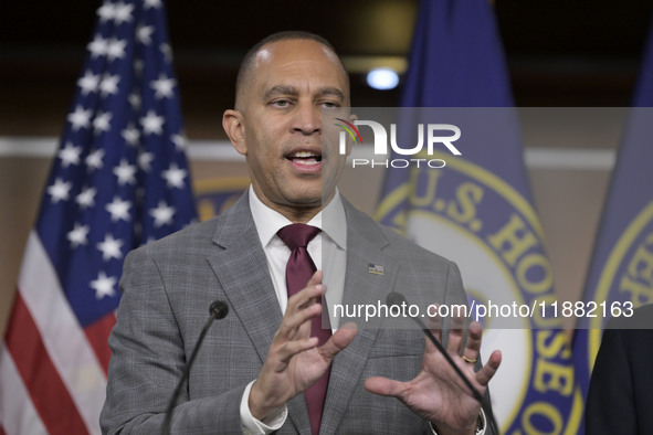 Democratic Leader Hakeem Jeffries (D-NY) speaks about raising the debt ceiling during a news conference in Washington DC, USA, on December 1...