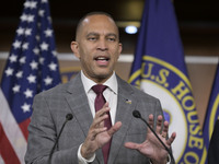 Democratic Leader Hakeem Jeffries (D-NY) speaks about raising the debt ceiling during a news conference in Washington DC, USA, on December 1...