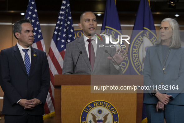 Democratic Leader Hakeem Jeffries (D-NY) speaks about raising the debt ceiling during a news conference in Washington DC, USA, on December 1...