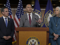 Democratic Leader Hakeem Jeffries (D-NY) speaks about raising the debt ceiling during a news conference in Washington DC, USA, on December 1...