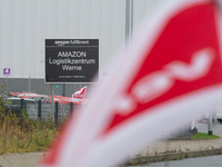 A Verdi flag is placed in front of an Amazon site in Werne, Germany, on December 19, 2024, as the Verdi labor union calls for a strike and d...