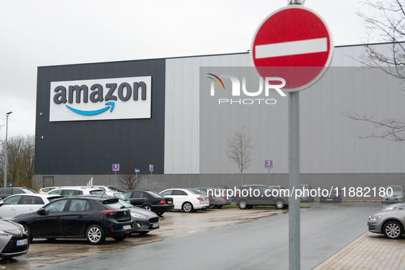 The Amazon site in Werne, Germany, on December 19, 2024, as the Verdi labor union calls for a strike and demands collective bargaining for A...