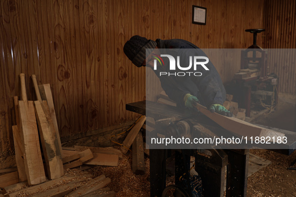 Employees working inside a Kashmir Willow bat making factory on a cold winter day in Bijbehara, Jammu and Kashmir India on 19 December 2024 