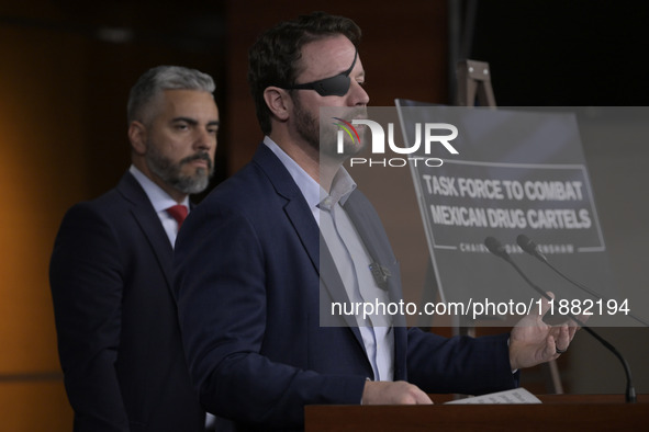 US Congressman Dan Crenshaw (R-TX) speaks about the House Task Force to combat the Mexican Drug Cartel in Washington DC, USA, on December 19...