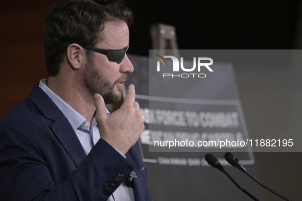 US Congressman Dan Crenshaw (R-TX) speaks about the House Task Force to combat the Mexican Drug Cartel in Washington DC, USA, on December 19...