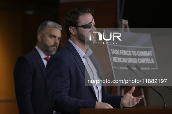 US Congressman Dan Crenshaw (R-TX) speaks about the House Task Force to combat the Mexican Drug Cartel in Washington DC, USA, on December 19...