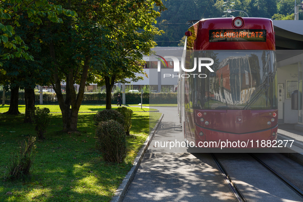 In Innsbruck, Austria, on September 22, 2024, a red tram heads to Claudiaplatz at the Stift Wilten tram stop, surrounded by greenery and ill...