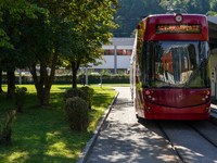 In Innsbruck, Austria, on September 22, 2024, a red tram heads to Claudiaplatz at the Stift Wilten tram stop, surrounded by greenery and ill...