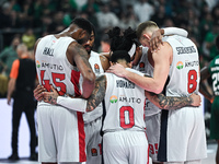 Players of Baskonia Vitoria-Gasteiz pray for Mathias Lessort after he gets injured during the Euroleague, Round 17 match between Panathinaik...