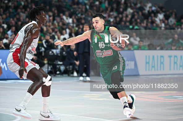 Kostas Sloukas of Panathinaikos AKTOR Athens competes with Khalifa Diop of Baskonia Vitoria-Gasteiz during the Euroleague, Round 17 match be...