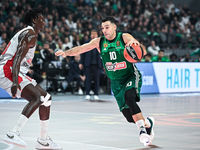 Kostas Sloukas of Panathinaikos AKTOR Athens competes with Khalifa Diop of Baskonia Vitoria-Gasteiz during the Euroleague, Round 17 match be...