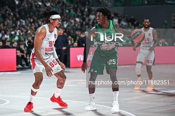 Kendrick Nunn of Panathinaikos AKTOR Athens competes with Chima Moneke of Baskonia Vitoria-Gasteiz during the Euroleague, Round 17 match bet...