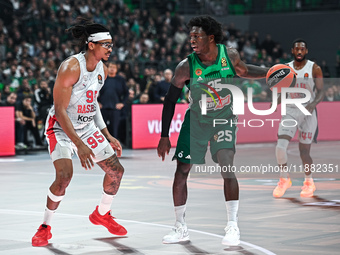 Kendrick Nunn of Panathinaikos AKTOR Athens competes with Chima Moneke of Baskonia Vitoria-Gasteiz during the Euroleague, Round 17 match bet...