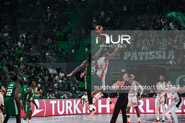 Mathias Lessort of Panathinaikos AKTOR Athens competes with Donta Hall of Baskonia Vitoria-Gasteiz during the Euroleague, Round 17 match bet...