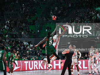 Mathias Lessort of Panathinaikos AKTOR Athens competes with Donta Hall of Baskonia Vitoria-Gasteiz during the Euroleague, Round 17 match bet...