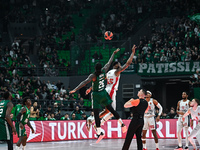 Mathias Lessort of Panathinaikos AKTOR Athens competes with Donta Hall of Baskonia Vitoria-Gasteiz during the Euroleague, Round 17 match bet...