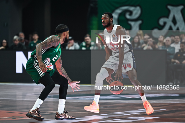 Kamar Baldwin of Baskonia Vitoria-Gasteiz competes with Lorenzo Brown of Panathinaikos AKTOR Athens during the Euroleague, Round 17 match be...