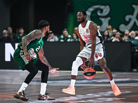 Kamar Baldwin of Baskonia Vitoria-Gasteiz competes with Lorenzo Brown of Panathinaikos AKTOR Athens during the Euroleague, Round 17 match be...