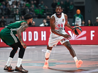 Kamar Baldwin of Baskonia Vitoria-Gasteiz competes with Lorenzo Brown of Panathinaikos AKTOR Athens during the Euroleague, Round 17 match be...