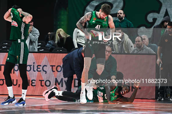 Mathias Lessort of Panathinaikos AKTOR Athens gets injured during the Euroleague, Round 17 match between Panathinaikos AKTOR Athens and Bask...