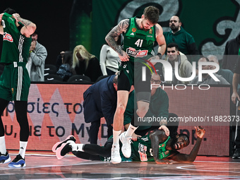 Mathias Lessort of Panathinaikos AKTOR Athens gets injured during the Euroleague, Round 17 match between Panathinaikos AKTOR Athens and Bask...