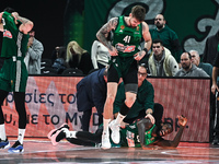 Mathias Lessort of Panathinaikos AKTOR Athens gets injured during the Euroleague, Round 17 match between Panathinaikos AKTOR Athens and Bask...