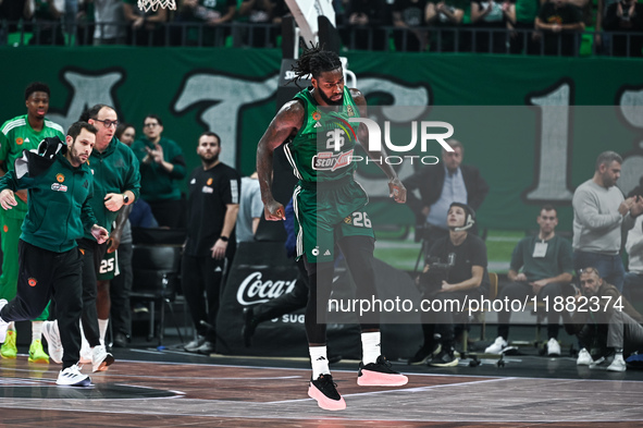 Mathias Lessort of Panathinaikos AKTOR Athens gets injured during the Euroleague, Round 17 match between Panathinaikos AKTOR Athens and Bask...