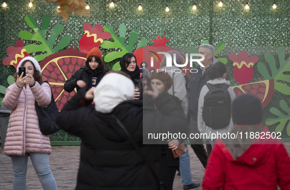 Iranian people stand in front of Yalda decorations during a pomegranate festival on Yalda Night Eve in the Abasabad tourism zone in central...