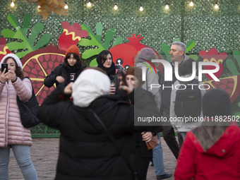 Iranian people stand in front of Yalda decorations during a pomegranate festival on Yalda Night Eve in the Abasabad tourism zone in central...