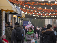 A young Iranian woman walks under Yalda decorations during a pomegranate festival on Yalda Night Eve in the Abasabad tourism zone in central...