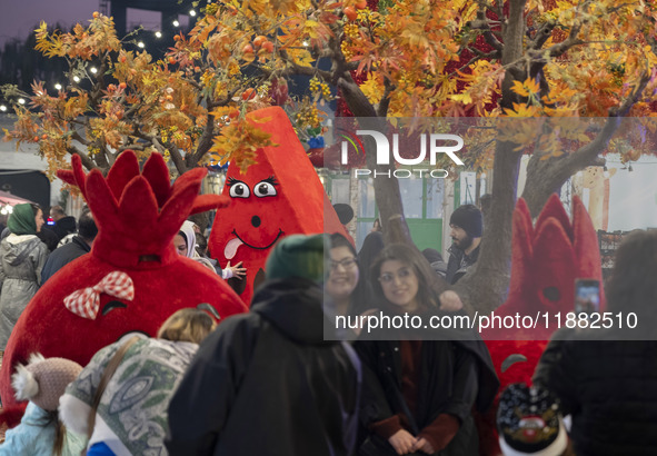 Young Iranian women pose for a photograph in front of pomegranate and watermelon-shaped dolls during a pomegranate festival on Yalda Night E...