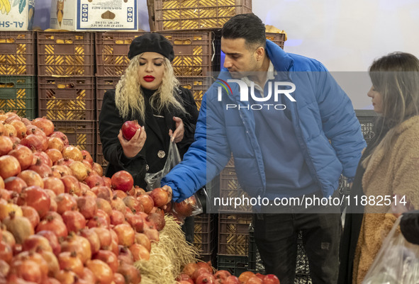 Iranian people collect pomegranates while shopping for the Yalda Night ceremony as they visit a pomegranate festival on Yalda Night Eve in t...