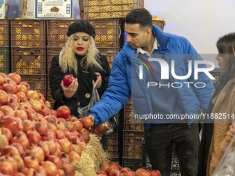 Iranian people collect pomegranates while shopping for the Yalda Night ceremony as they visit a pomegranate festival on Yalda Night Eve in t...