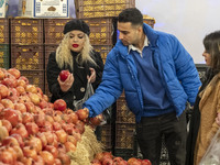 Iranian people collect pomegranates while shopping for the Yalda Night ceremony as they visit a pomegranate festival on Yalda Night Eve in t...