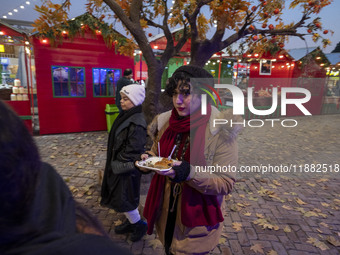 A young Iranian woman carries sweets as she walks past a Yalda decoration during a pomegranate festival on Yalda Night Eve in the Abasabad t...