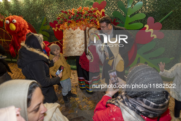 An Iranian man poses for a photograph with a life-size old woman-shaped doll in front of Yalda decorations during a pomegranate festival on...