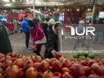 An Iranian woman collects pomegranates while shopping for the Yalda Night ceremony during a pomegranate festival in the Abasabad tourism zon...