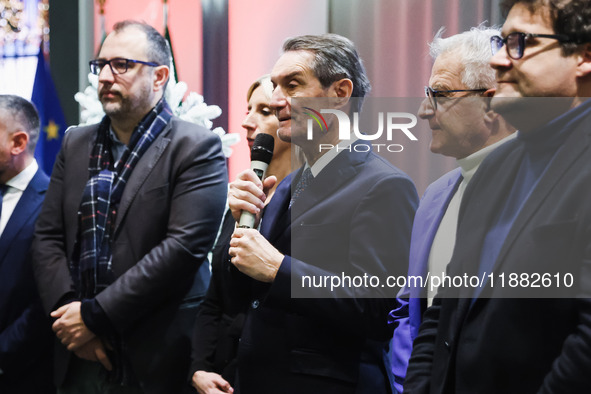 Attilio Fontana attends the ceremony for the traditional exchange of Christmas greetings with the press at Palazzo Lombardia in Milan, Italy...