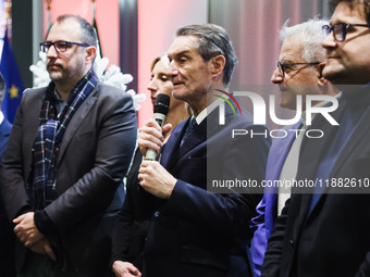 Attilio Fontana attends the ceremony for the traditional exchange of Christmas greetings with the press at Palazzo Lombardia in Milan, Italy...