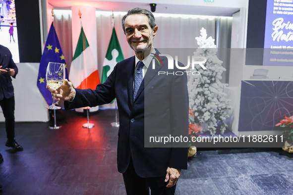 Attilio Fontana attends the ceremony for the traditional exchange of Christmas greetings with the press at Palazzo Lombardia in Milan, Italy...