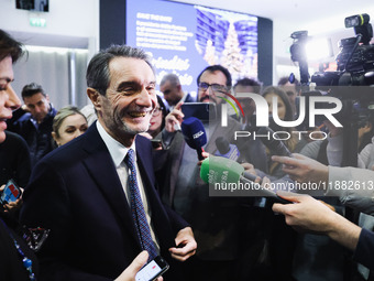 Attilio Fontana attends the ceremony for the traditional exchange of Christmas greetings with the press at Palazzo Lombardia in Milan, Italy...