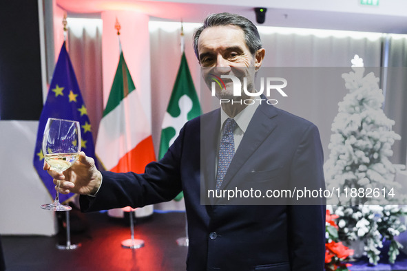 Attilio Fontana attends the ceremony for the traditional exchange of Christmas greetings with the press at Palazzo Lombardia in Milan, Italy...