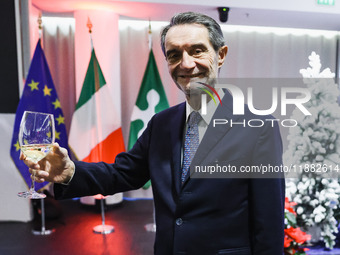 Attilio Fontana attends the ceremony for the traditional exchange of Christmas greetings with the press at Palazzo Lombardia in Milan, Italy...