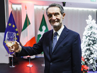 Attilio Fontana attends the ceremony for the traditional exchange of Christmas greetings with the press at Palazzo Lombardia in Milan, Italy...